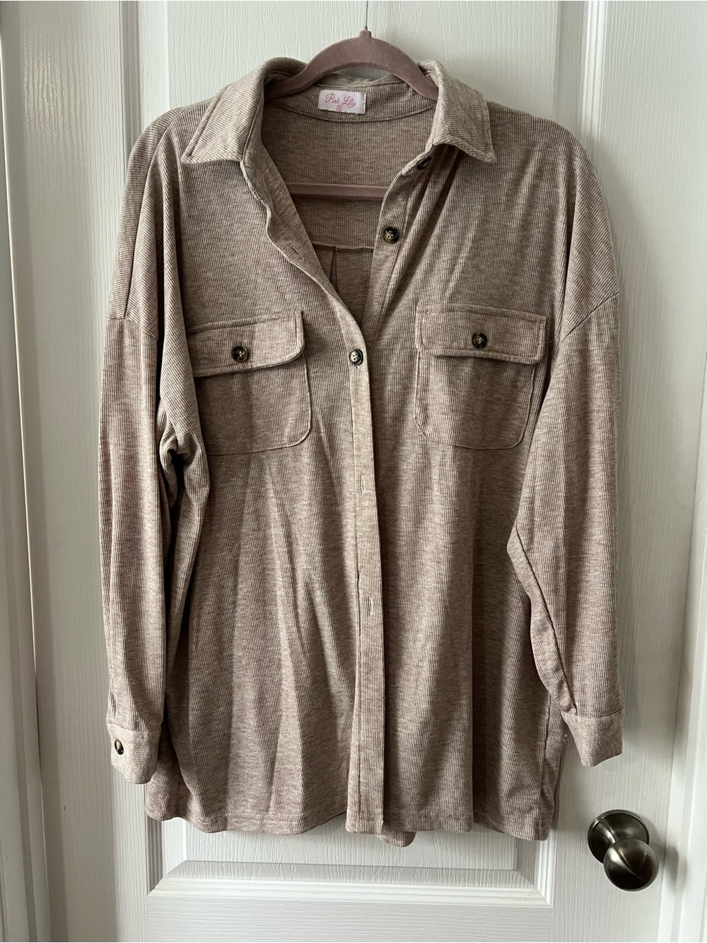 Pink Lily Taupe Button-Front Pocket Shirt